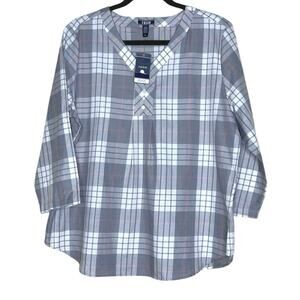 IZOD Gray Plaid Shirt, V Neck Top, Grannycore, Preppy
